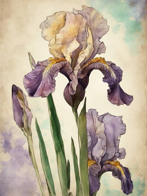 Old-fashioned, sketch style iris flowers with a subtle watercolor background.
