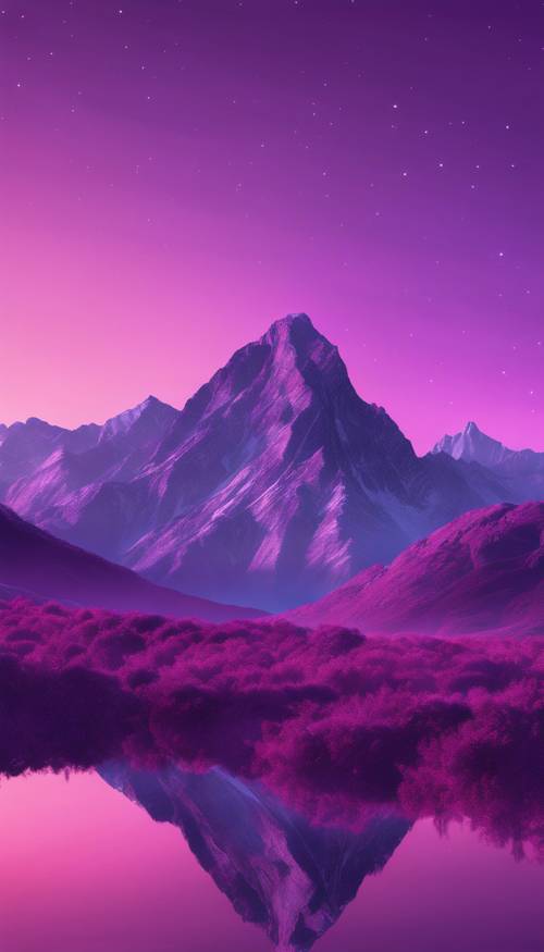 Un paysage détaillé d’une chaîne de montagnes au crépuscule, le ciel se présentant dans une ombre violette vibrante.