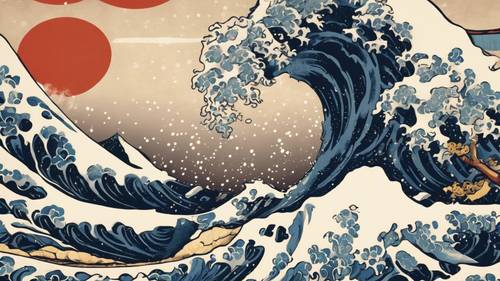 Une vague japonaise vibrante dans un style classique d’impression sur bois japonais.