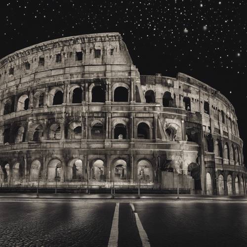 The city of Rome with the iconic Colosseum lit up under a starry sky in black and white.