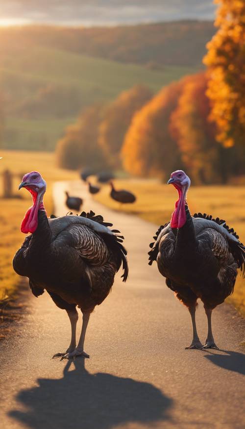 Una fila di graziosi tacchini marcia lungo una strada di campagna sotto uno splendido tramonto autunnale.