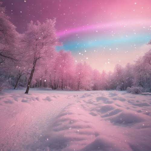 A huge pink rainbow arcing across a snowy winter landscape.