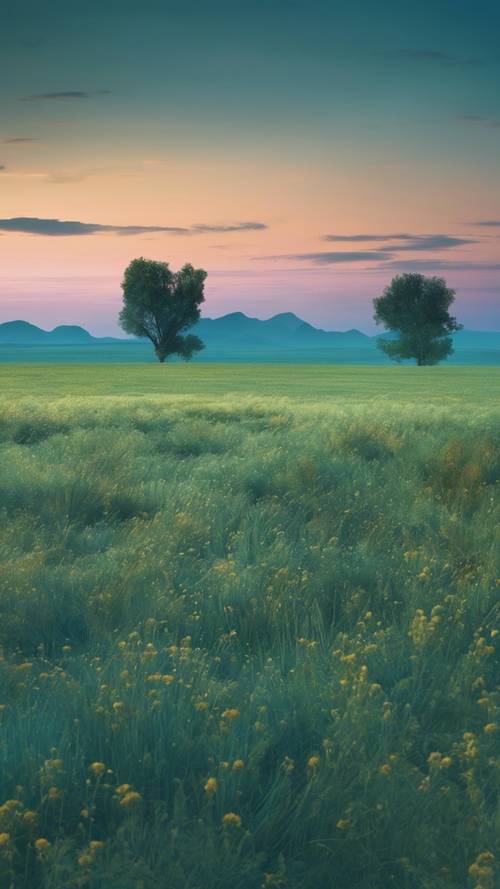Un paysage panoramique serein d&#39;une plaine turquoise sous le ciel crépusculaire.