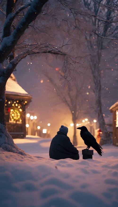 A wizened woodland hermit, accompanied only by his raven, silhouetted against the distant cold glow of a Christmas town. Tapet [8f350fc376fe471aa990]