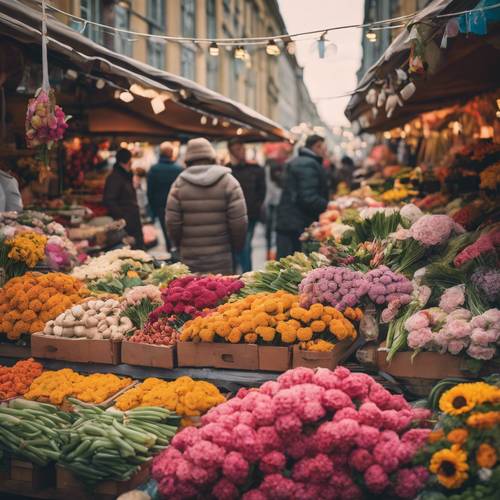 Eine bunte Marktszene in Berlin voller Stände, an denen verschiedenste Waren von Blumen bis hin zu Lebensmitteln verkauft werden. Hintergrund [349c6d38e19c41f09473]