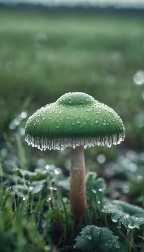 Un hongo simétrico de color verde salvia en el rocío de la mañana, que captura perfectamente la serenidad de la naturaleza.