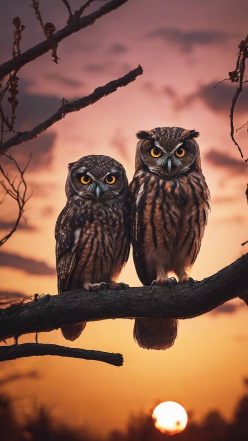 A cute pair of owls perched on a branch, silhouetted against a fiery sunset.