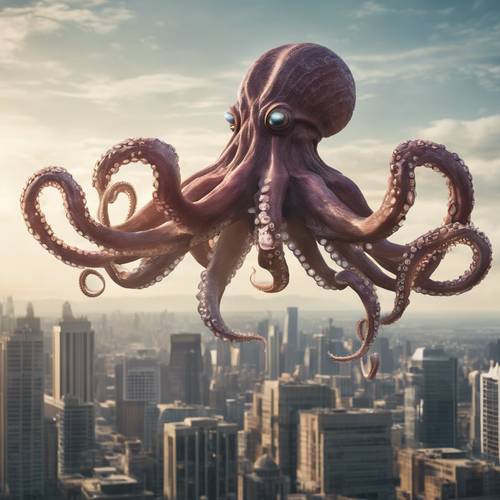 Sci-fi scenario of a giant alien octopus hovering over a city skyline. Валлпапер [91979ff20bb4460d9b94]