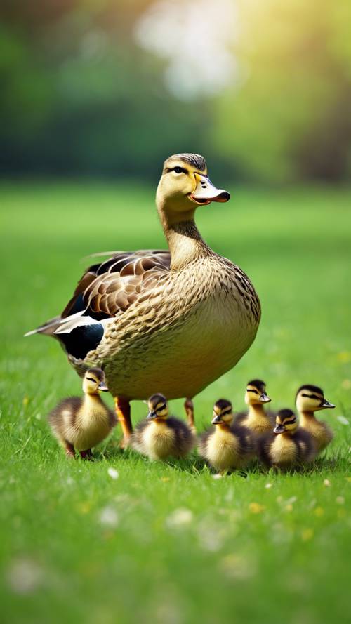 A stern mother duck leading her tiny, playful ducklings across a vibrant, green meadow.