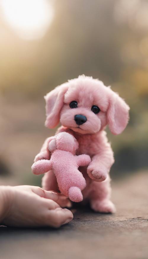 Seekor anak anjing kecil berwarna merah muda sedang bermain dengan mainan lunak.