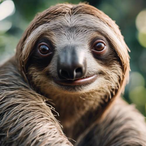 A serious faced sloth staring directly at the camera with inquisitive eyes.