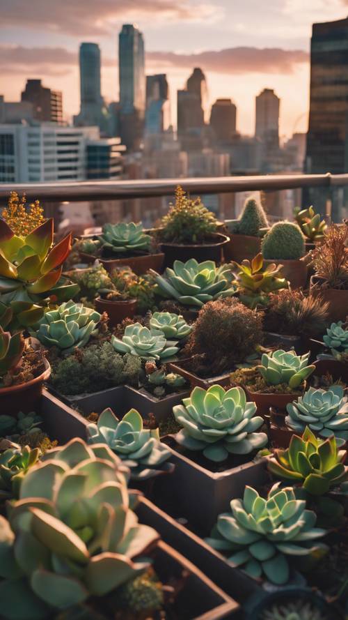 Городской сад на крыше, наполненный суккулентами и местными растениями, с видом на шумный городской пейзаж на закате.