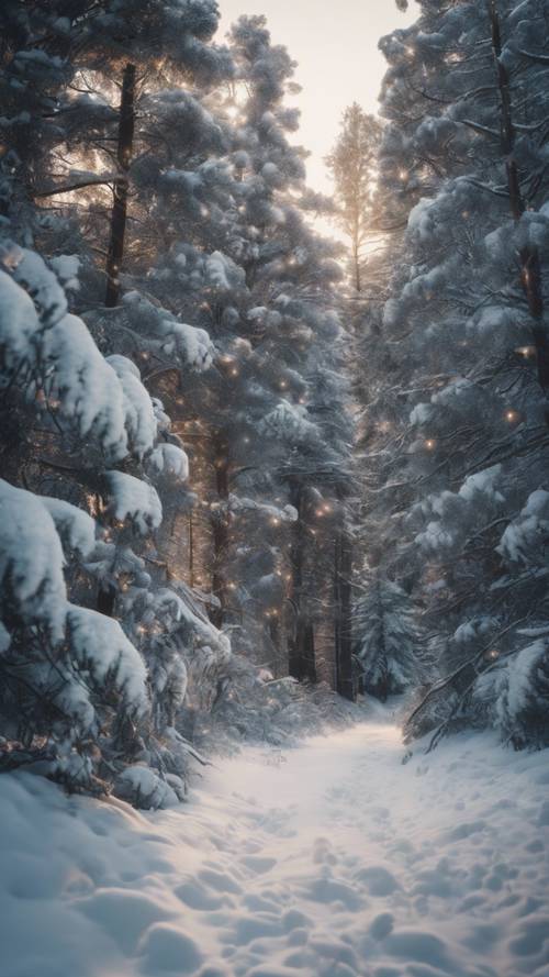A magical journey through a snow-covered, enchanted forest, with glowing, twinkle lights wrapped around the towering pine trees.