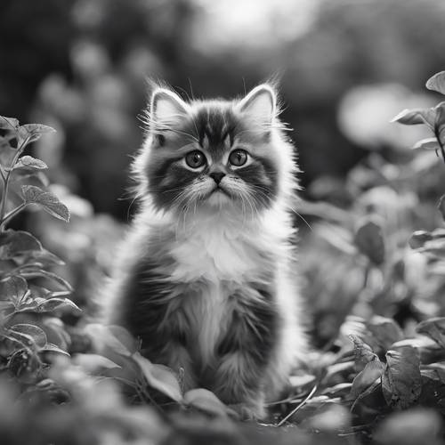 Una fotografía antigua en blanco y negro de un gatito persa gris ahumado en un jardín.