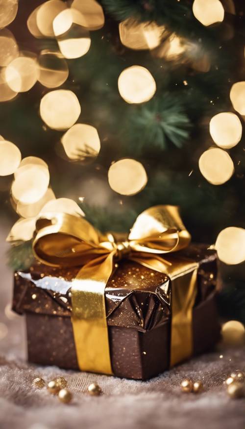 Pięknie zapakowany prezent w kolorze czekoladowo-brązowym ze złotą kokardką pod błyszczącą choinką.