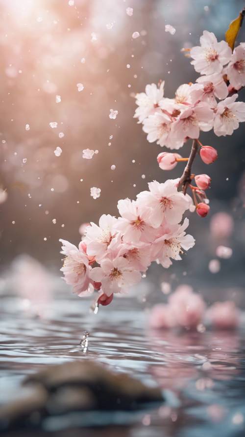 Pastel cherry blossoms floating down a gentle stream.