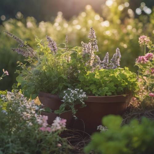 A lush, cottagecore themed herb garden, glowing under the morning sun, releasing an enchanting herbal bouquet. Tapet [53945864971b4223a8dc]