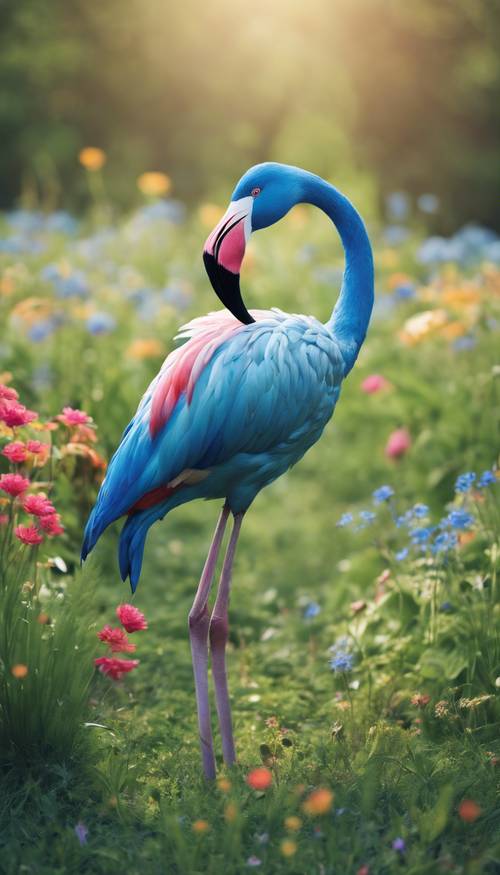 Seekor flamingo biru berdiri di padang rumput hijau subur yang dihiasi bunga-bunga liar berwarna-warni.