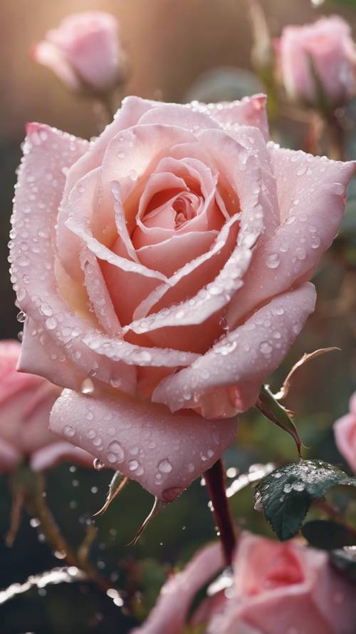 Bidikan makro mawar merah muda terang dengan tetesan embun di kelopaknya.