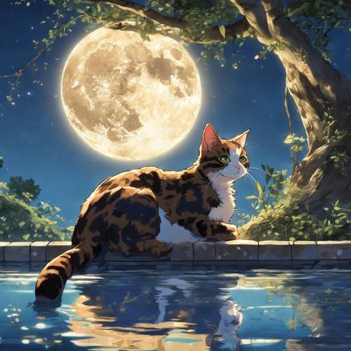 A calm anime-inspired scene of a tortoiseshell cat bathing under the light of the moon.