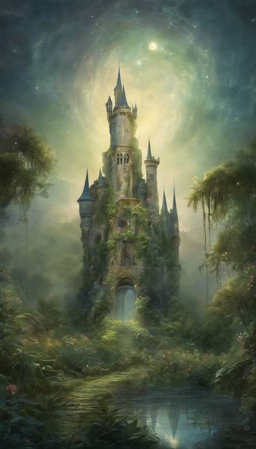 An ancient castle enveloped in mist with gardens overgrown by magical plants and high towers illuminated by the moonlight.