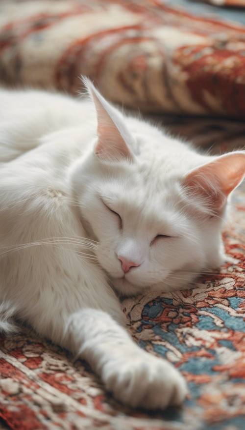 Stary biały kot Maine Coon śpi spokojnie na dywaniku w stylu vintage.