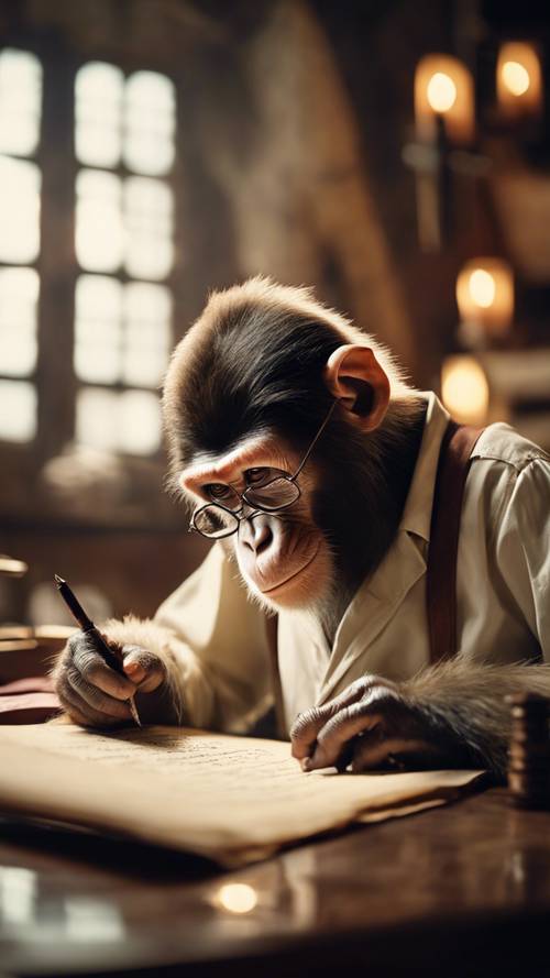 Seekor monyet rapi dengan penuh perhatian menulis dengan pena bulu pada perkamen antik di ruangan yang diterangi cahaya lilin.