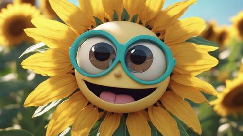 Un girasol de dibujos animados con ojos grandes y una linda sonrisa en un jardín colorido.