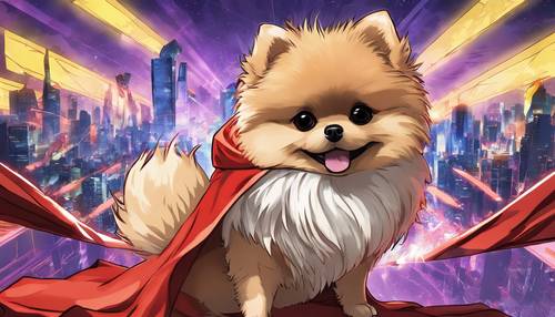 Süper kahraman pelerini ve maskesi takmış bir anime Pomeranian köpek yavrusunun dijital sanat eseri.
