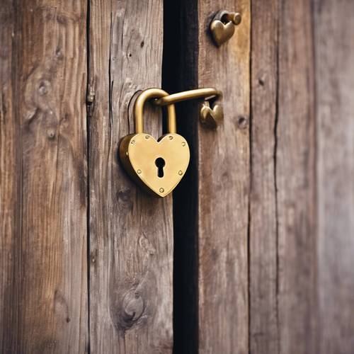Một chiếc khóa hình trái tim kawaii xinh xắn, vàng óng và sáng bóng, treo trên cánh cửa gỗ cũ.
