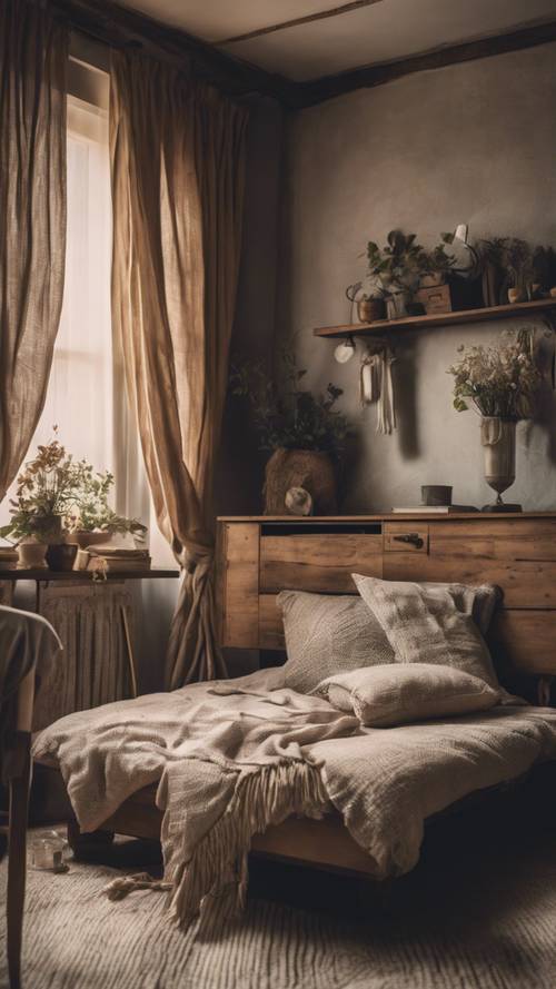 Pokój urządzony w stylu rustykalnym z ciężkimi lnianymi zasłonami i meblami w stylu vintage.