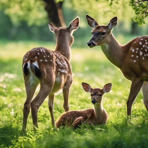 母鹿と子鹿が新緑を食べる春の美しい草原景色壁紙