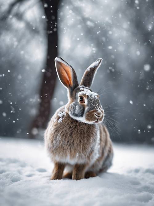 A rabbit with a coat of striking black and white pattern, sitting calmly in a snow-covered landscape.