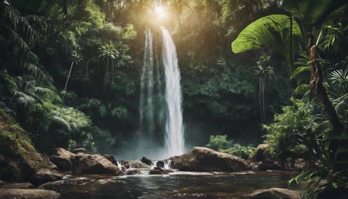 Majestatyczny wodospad przepływający przez gęstą, liściastą tropikalną dżunglę.