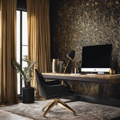 Um papel de parede estampado em preto e dourado em um escritório doméstico moderno e chique.