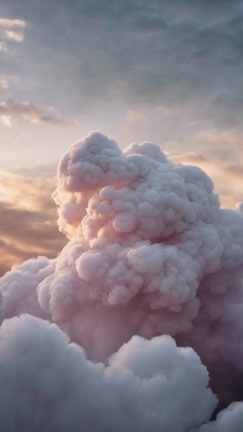 Ein seidiges, formwandelndes Wolkenwesen vor einem Abendhimmel, dessen flauschige Gestalt wirbelt und sich verändert.