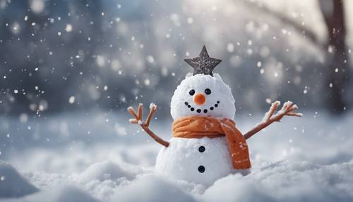 Un bonhomme de neige joyeux avec un nez en carotte, dans un paysage enneigé avec des flocons de neige qui tombent