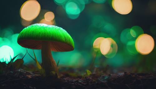 夜晚发光的霓虹绿色蘑菇，营造出一种令人毛骨悚然的氛围。