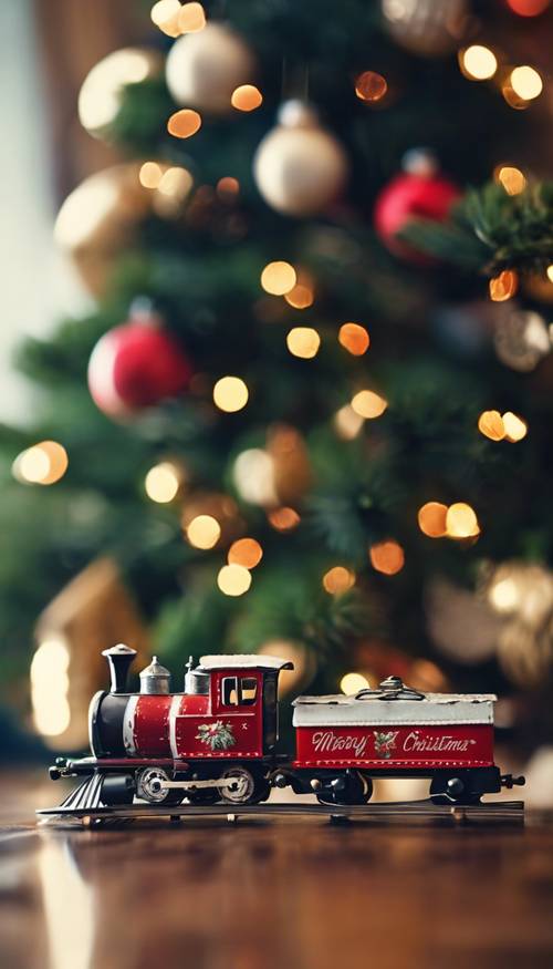 An antique tin train toy going around a Christmas tree, with gifts piled up beneath. Taustakuva [fb2ebae5fde74600b49c]