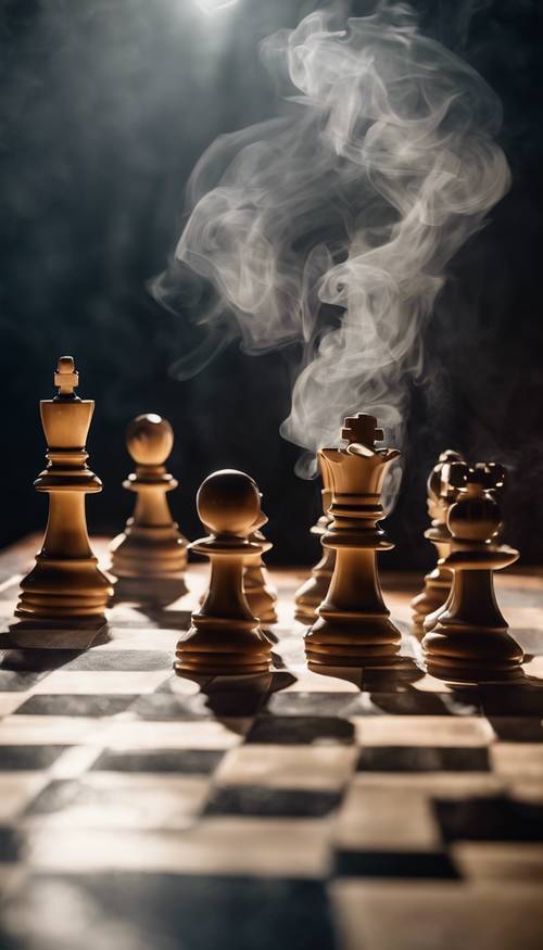 A smoky scene of a chessboard after the winning move in a championship, under the glaring spotlight