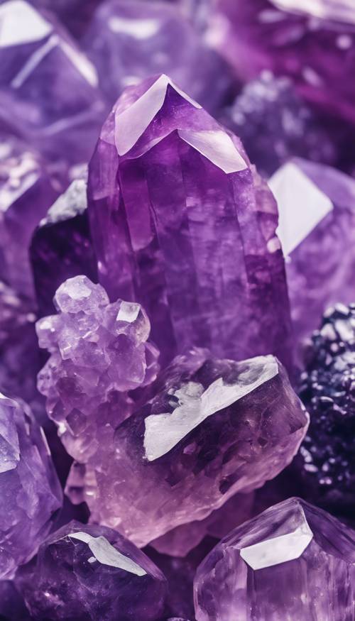 Primer plano de cristales de amatista pintados en tonos de acuarela de color púrpura