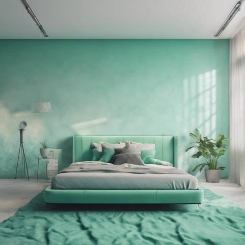 Nane yeşilinden turkuaz rengine kadar estetik ombre ile mükemmel bir şekilde boyanmış bir duvara sahip bir iç tasarım.