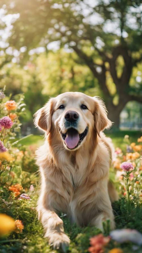 Golden retriever szczęśliwie bawiący się w słonecznym parku, otoczony bujną zieloną trawą i kolorowymi kwiatami.