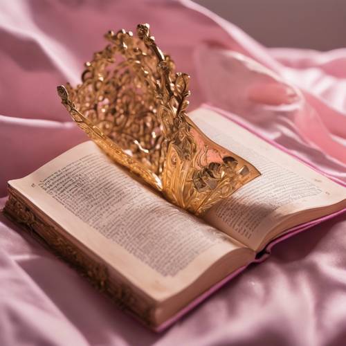 Позолоченная книга с розовой обложкой, открытая и открывающая иллюминированную рукопись.