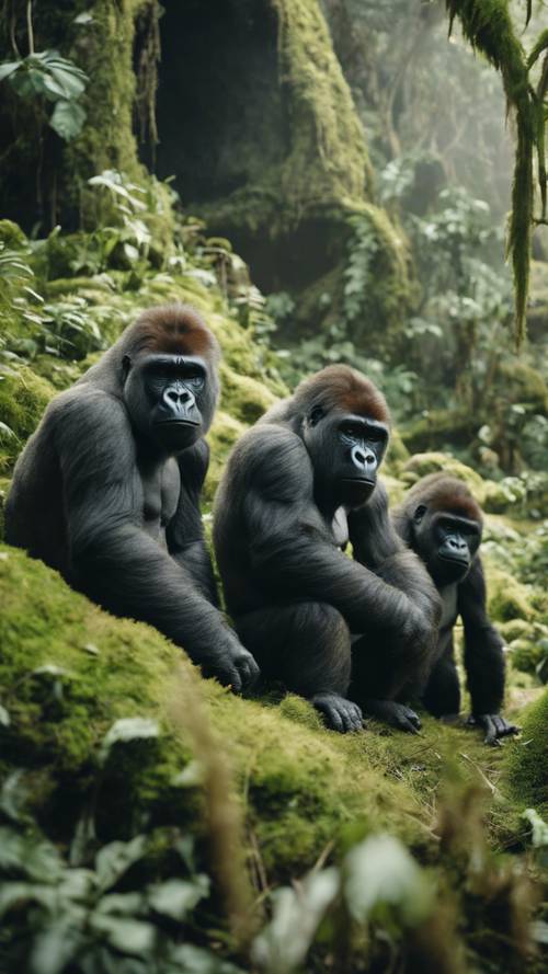 Drei Gorillageschwister erkunden vorsichtig eine alte, moosbedeckte Ruine in ihrem Dschungel.