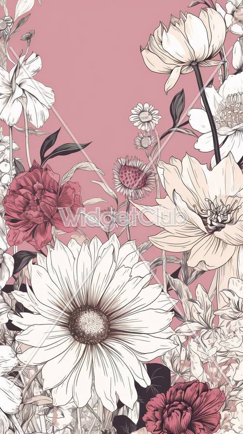 Colorful Flowers on Pink Background