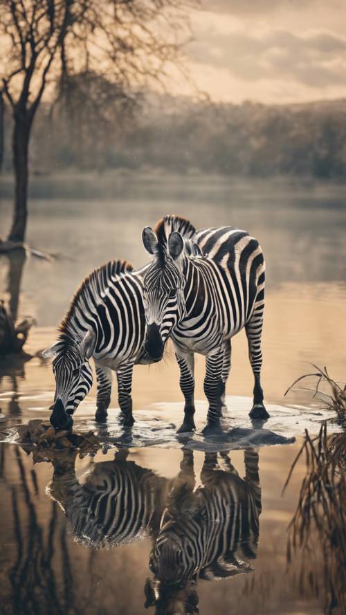 Multiple zebras drinking water from a crystal clear lake.