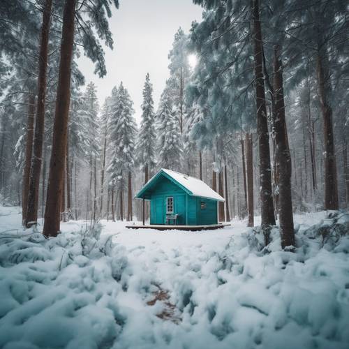 一座蓝绿色的木屋坐落在白雪覆盖的森林中间。