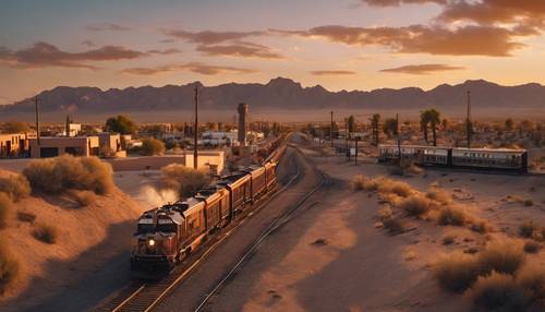 Matahari terbenam barat yang menawan di atas kota gurun kecil dengan kereta api lewat.