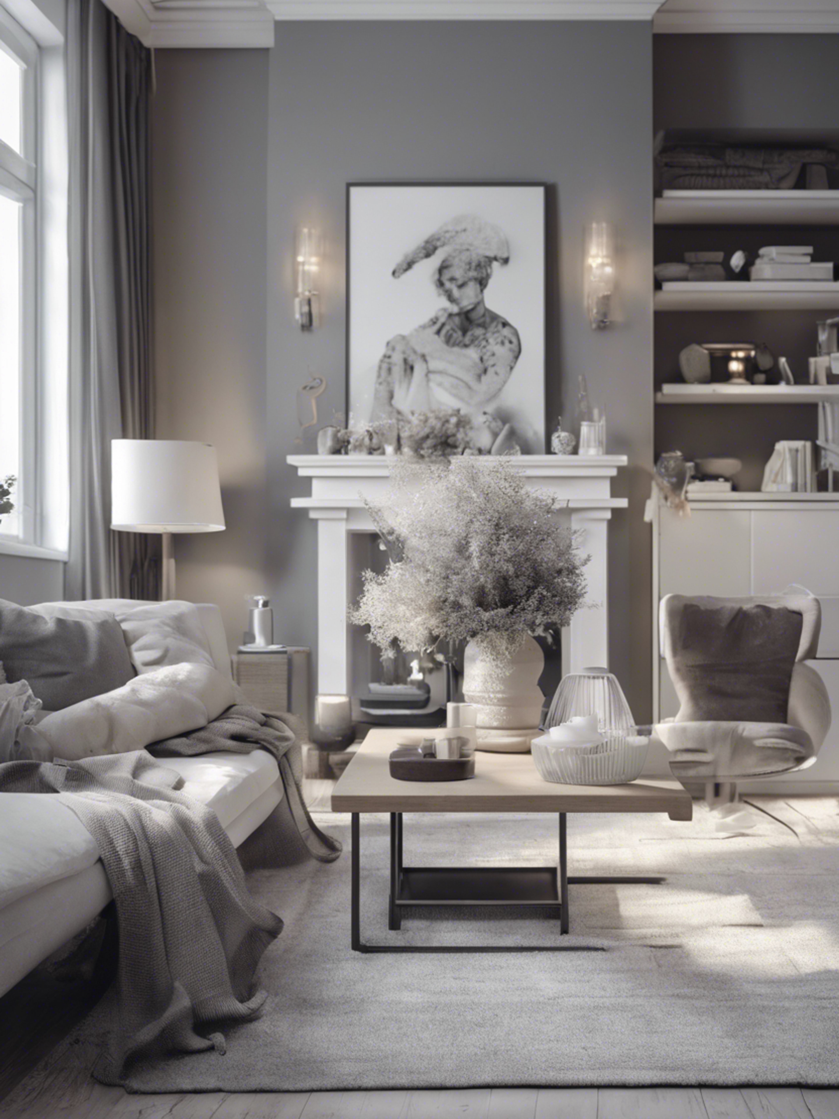 A classic interior design of a living room in neutral gray and white tones. 牆紙[b4f6eac2faba4219b360]
